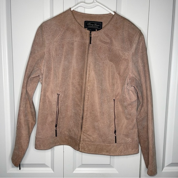 Terry Lewis Pink Suede Jacket Croc Embossed Size Medium 100% Leather Mauve Crop - Picture 1 of 9